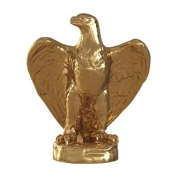 Golden decorative figurine of an eagle sitting on a round stand on an isolated Stock Illustration