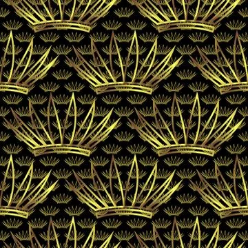 Golden decorative seamless pattern, crowns on a black background Stock Illustration