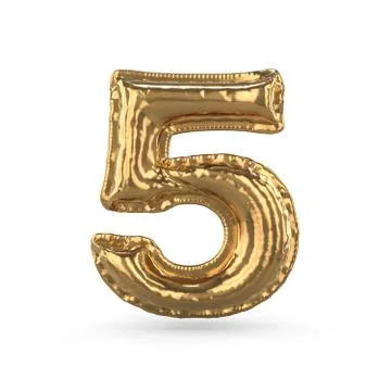 Golden digit five made of inflatable balloon isolated. 3D Stock Illustration