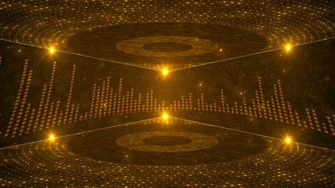 Golden digital audio equalizer background glowing bar waves, mirrored tunnel dep Stock Footage 340452579