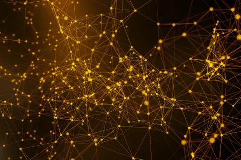 Golden digital data and network connection triangle lines and spheres in futu Stock Illustration