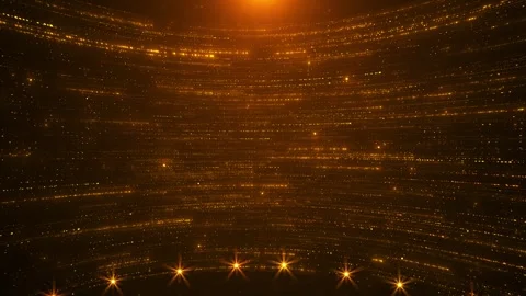 Golden digital data tunnel background glowing particle lines, curved grid depth, Stock Footage 340413676