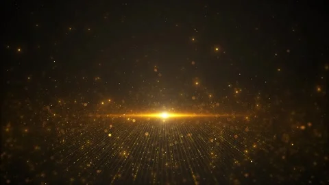 Golden digital horizon grid background glowing floor dots, bright center flare, Stock Footage 340416441