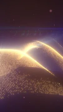 Golden digital particle waves flowing across a futuristic abstract landscap.. 스톡 일러스트