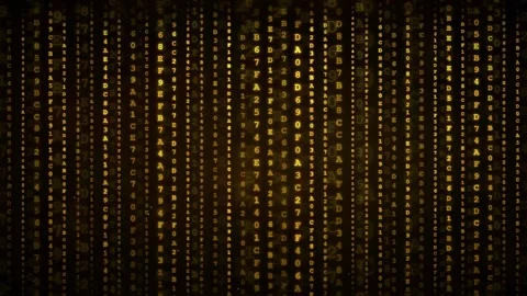 Golden Digital Rain of Binary Code and Alphanumeric Characters Falling on Black Stock Footage 336775751
