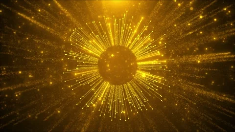 Golden digital rays explode in center particles spread shine, light trails 스톡 동영상 314199517