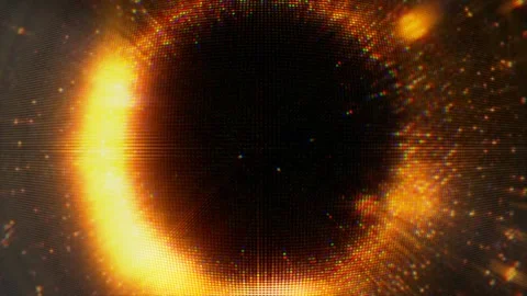 Golden digital ring with glowing light rays and glitch effect 動画素材 346891423