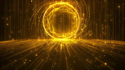 Golden digital sphere background circular light ring, vertical data lines, and g 库存影片 340477325