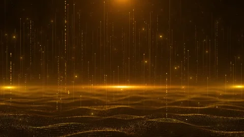 Golden digital wave landscape background dotted mesh, vertical light lines, glow Stock Footage 340418484