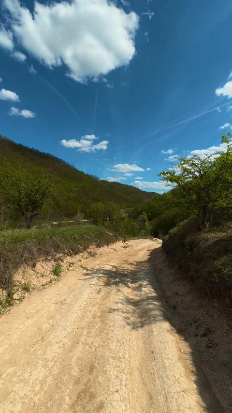 Golden dirt path winds vertical POV walking. Balkan, Eastern Europe Vidéo 333700836