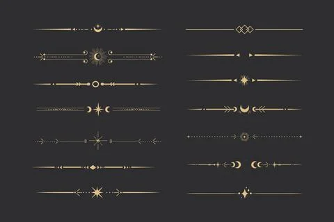 Golden divider celestial border with stars moon and sun thin line elegant simple Stock Illustration