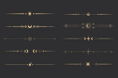 Golden divider celestial border with stars moon and sun thin line elegant simple Stock Illustration