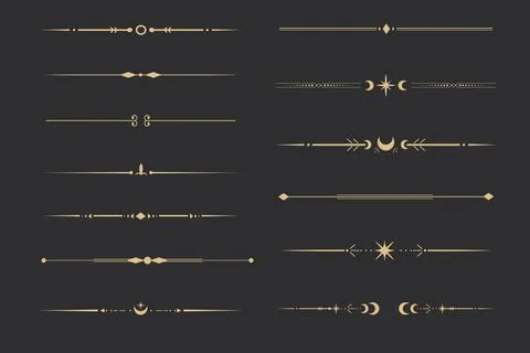 Golden divider celestial border with stars moon and sun thin line elegant simple Stock Illustration