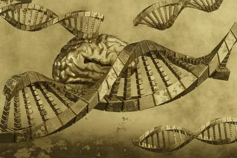 Golden  DNA molecule complex spiral structure and brain on a gold background, Stock Illustration