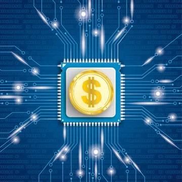 Golden Dollar Coin Microchip Processor Lights Stock Illustration