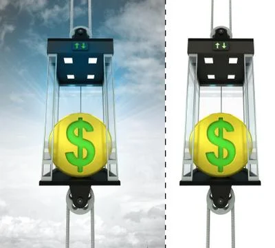 Golden dollar coin in sky elevator concept also isolated one illustration Stock Illustration