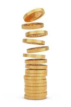 Golden Dollar Coins Falling Onto Stack. 3d Rendering Stock Illustration