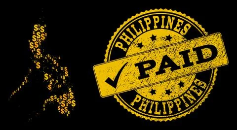 Golden Dollar Composition of Mosaic Map of Philippines and Paid Grunge Stamp 스톡 일러스트