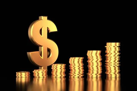 Golden dollar sign with coins stack. 3D rendering. Illustrazione stock