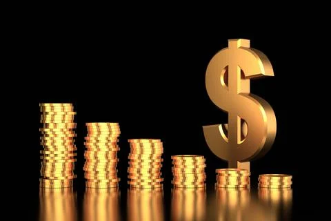 Golden dollar sign with coins stack. 3D rendering. イラスト素材