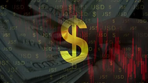 Golden Dollar Sign Over USD Text and Falling Red Bars Stock Footage 337732669