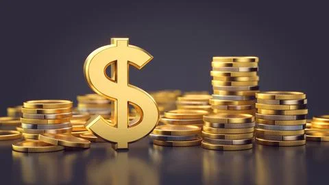 Golden dollar sign surrounded by stacks of gold coins Stock Illustration