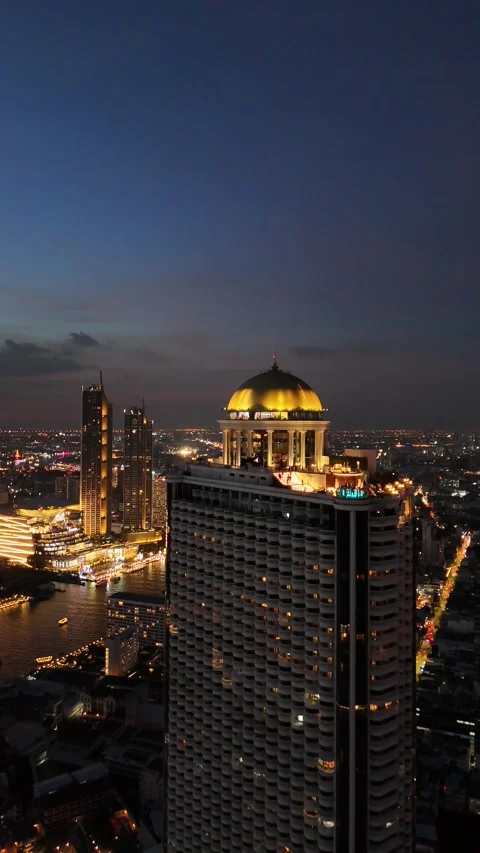Golden Dome Rooftop Bar Overlooking Bangkok, Thailand Cityscape Stock Footage 335838741