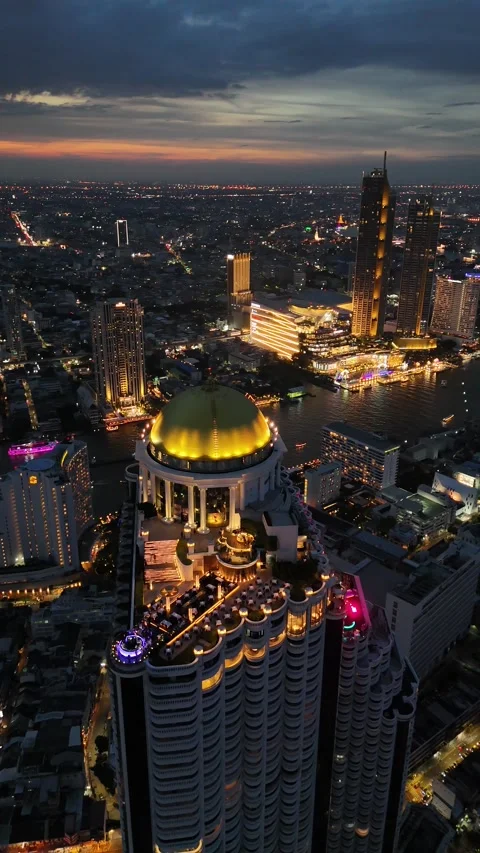 Golden Dome Rooftop Bar Overlooking Bangkok, Thailand Cityscape Stock Footage 335839637