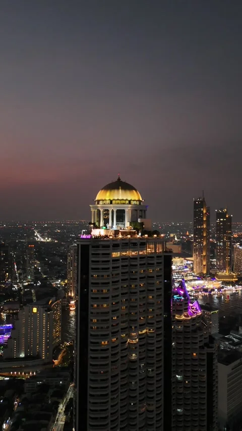 Golden Dome Rooftop Bar Overlooking Bangkok, Thailand at Night Stock Footage 335970694