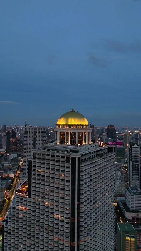 Golden Dome Skyscraper Rooftop Bar at Night in Bangkok, Thailand Stock Footage 335839500