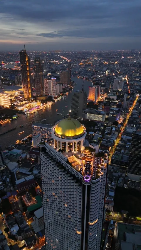 Golden Dome Skyscraper Rooftop Bar Overlooking Bangkok, Thailand Cityscape Stock Footage 335839600