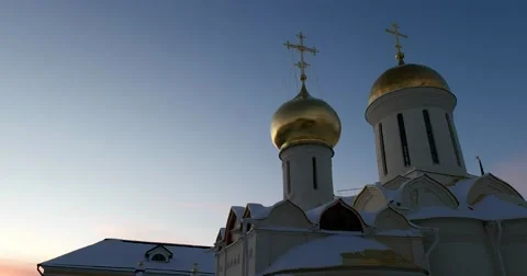 The Golden domes of Holy Trinity Cathedral, winter, dusk Stock Footage 67565871
