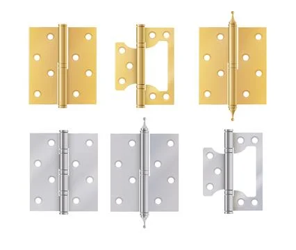 Golden door hinges construction hardware. Realistic set of gold tools for joint Stock Illustration