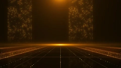 Golden dot grid stage background vertical light columns, glowing floor perspecti Stock Footage 340477343