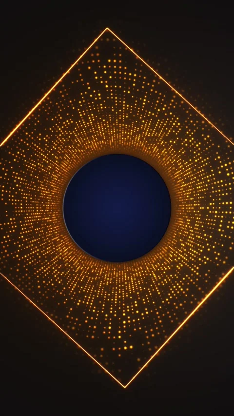 Golden dotted diamond circle background glowing orange frame, dark center orb, r Stock Footage 340575519