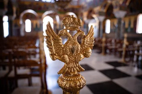 Golden double headed eagle inside Agios Gerasimos Monastery Stock Photos