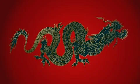 Golden dragon on red background Stock Illustration