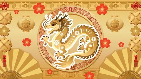 A golden dragon vector illustration surrounded by red flowers, paper fans, an Stock Illustration