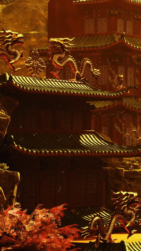 Golden dragons guard ancient temples under a radiant sunset sky Stock Footage 331828526