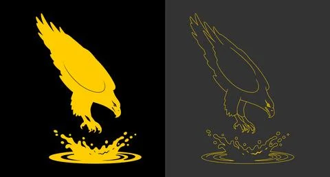 Golden eagle diving down into water vector graphic illustration with silhouet Stock Illustration