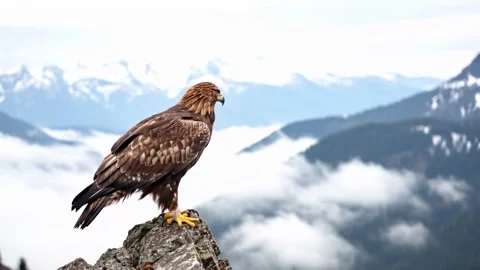 Golden Eagle Perched on Rocky Peak with Breathtaking Mountain View 4K Stock Footage 332134151