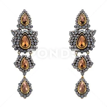 Golden earrings with gemstone isolated on white background Stock Photos