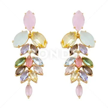 Golden earrings with gemstone isolated on white background Stock Photos