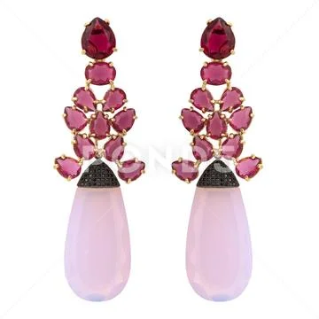 Golden earrings with gemstone isolated on white background Stock Photos