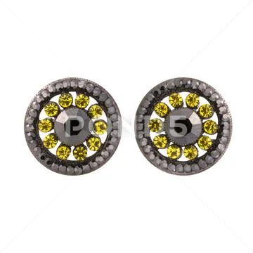 Golden earrings with gemstone isolated on white background Stock Photos