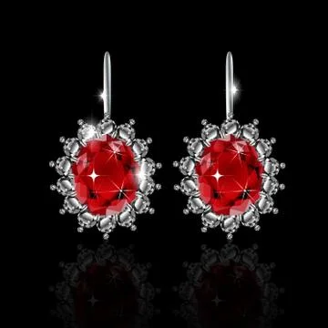 Golden earrings with ruby and diamonds Illustrazione stock