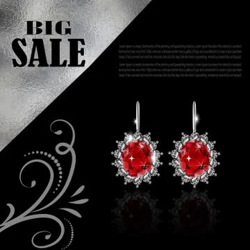 Golden earrings with ruby and diamonds Illustrazione stock
