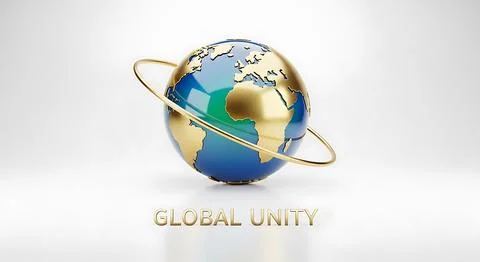 Golden earth globe with orbiting ring isolated on white background for glob.. Stock Illustration