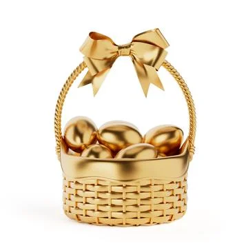 Golden Easter Basket for Easter Eggs with Bow and Easter Eggs. 3d Rendering Stock Illustration