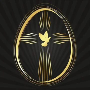 Golden Easter egg and golden cross with rays of radiance, dove of peace Stock Illustration